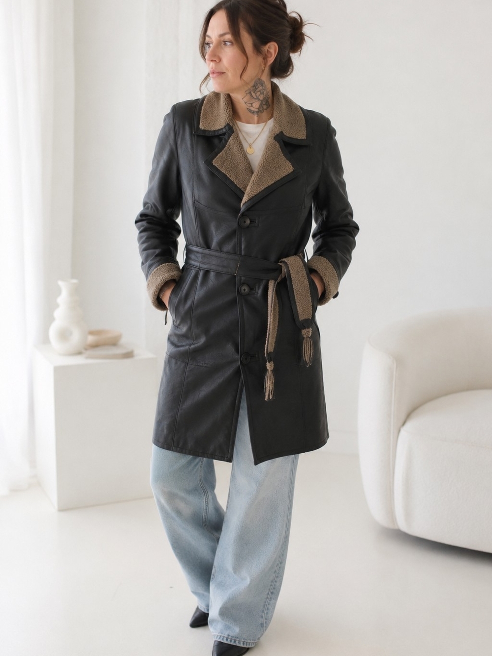 Knight of New Zealand Lambskin Leather Shearling Trench Coat XS